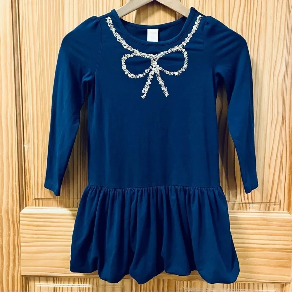 Gymboree navy blue sparkly sequin bow neck detail bubble skirt casual knit dress